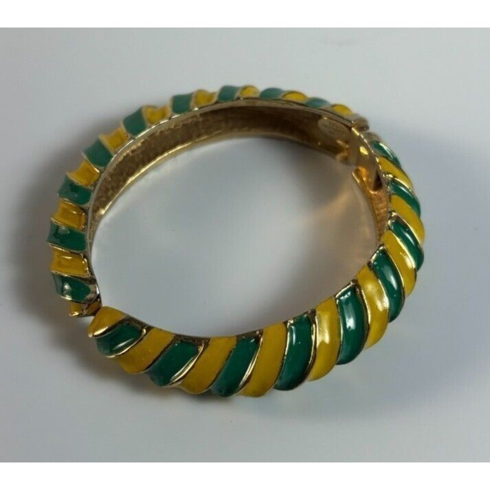 Bracelet Cuff Gold Tone Green Yellow Enamel Signed Les Bernard Vintage Hinged