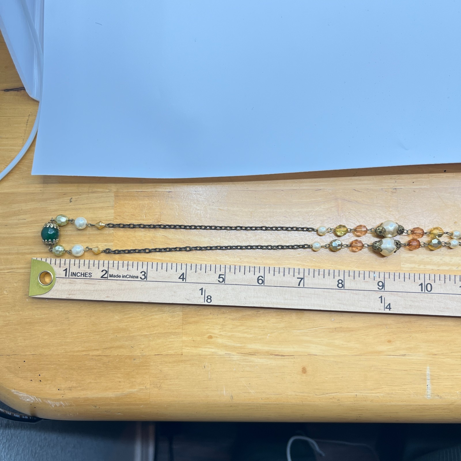 Vintage Earth Tone Beaded Necklace Green Gold Faux Pearl Bronze Tone Chain Retro