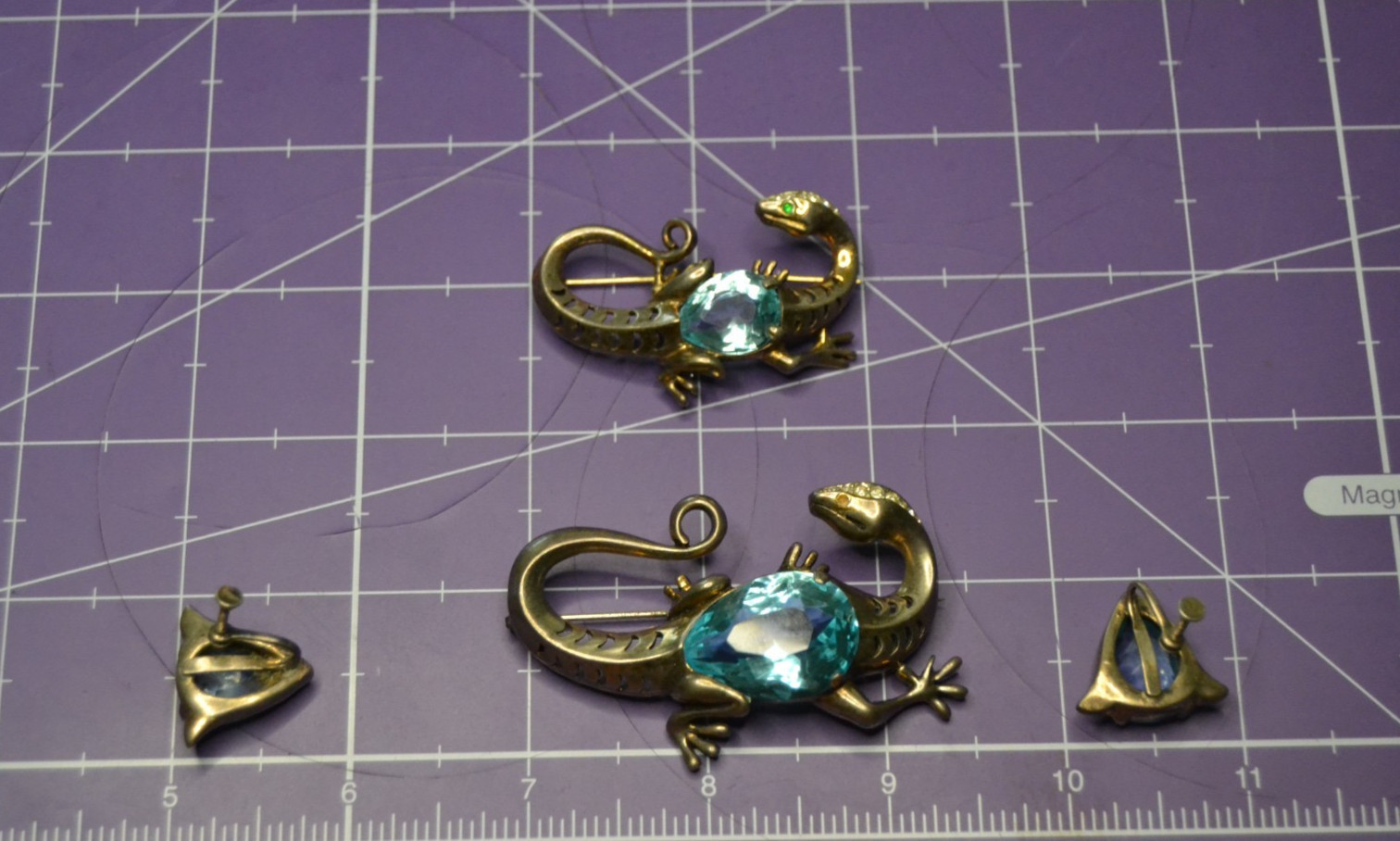 REJA Sterling SALAMANDER LIZARD Brooch Earrings AQUA GLASS BELLY Vtg Set Signed