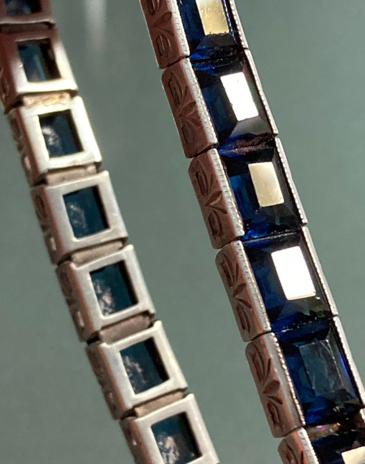 BLUE Rhinestone STERLING SILVER Art Deco, FRANCE, ANTIQUE BANGLE BRACELET