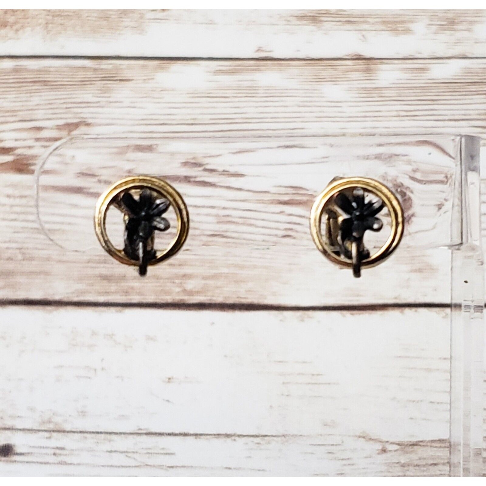 Vintage Clip On Earrings – Small Gold Tone Circle with Dark Grey Flowers