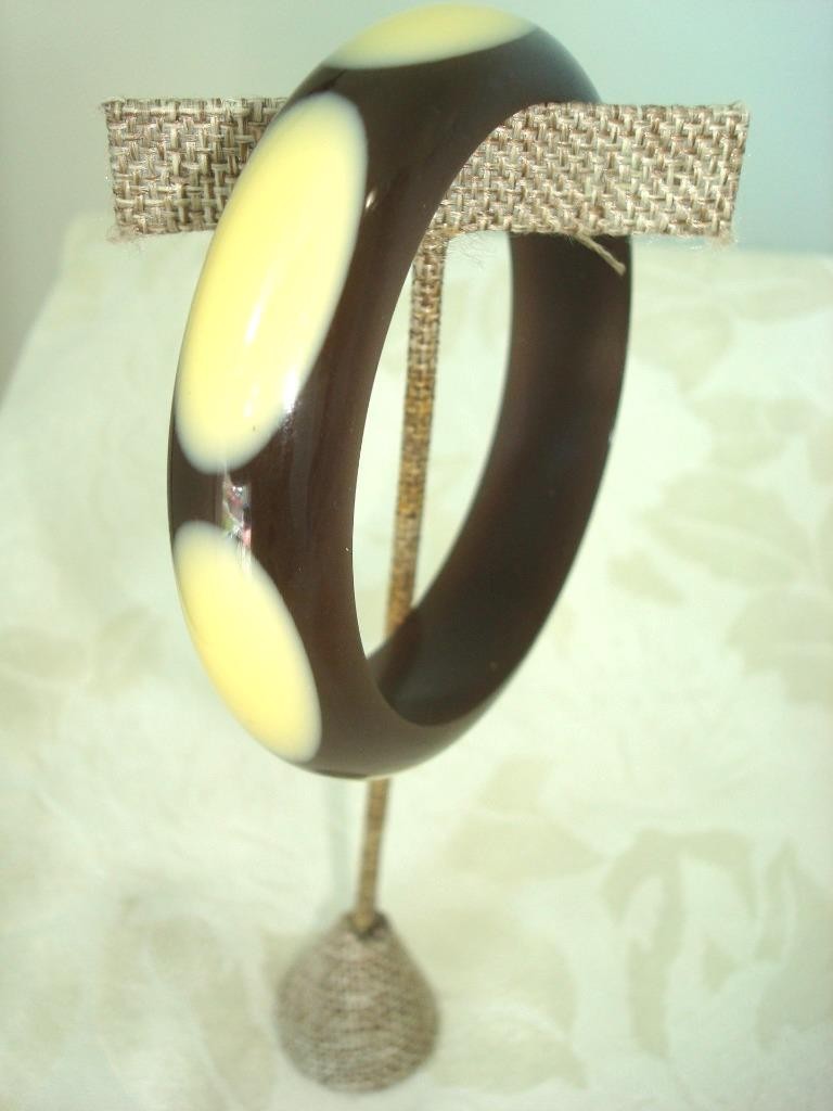 Vintage Brown Lucite or Other Plastic Bangle Bracelet With Cream Color Ovals KJ