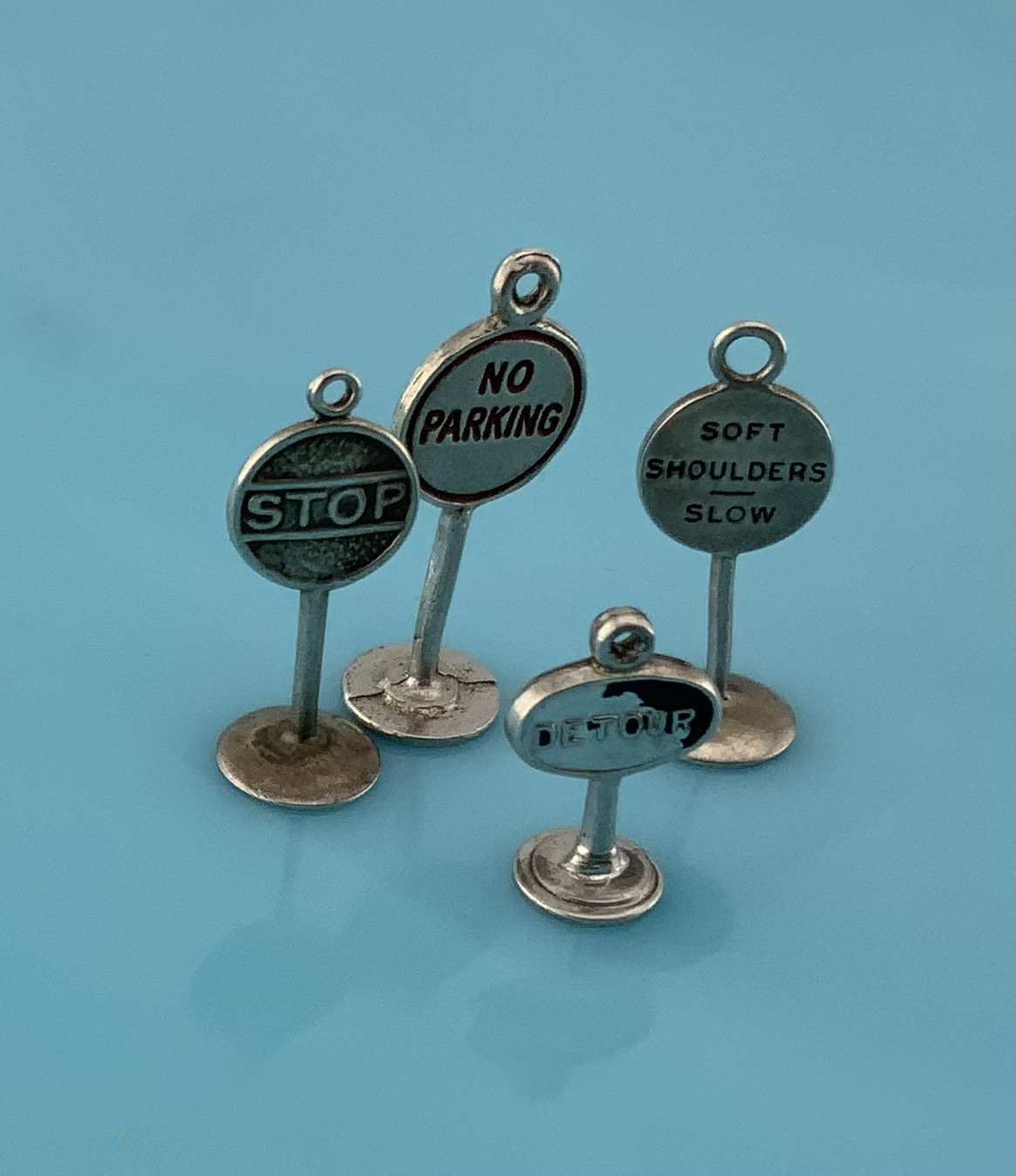 Vintage Sterling Silver Double Sided Stop Enamel Detour Street Sign Charms 4