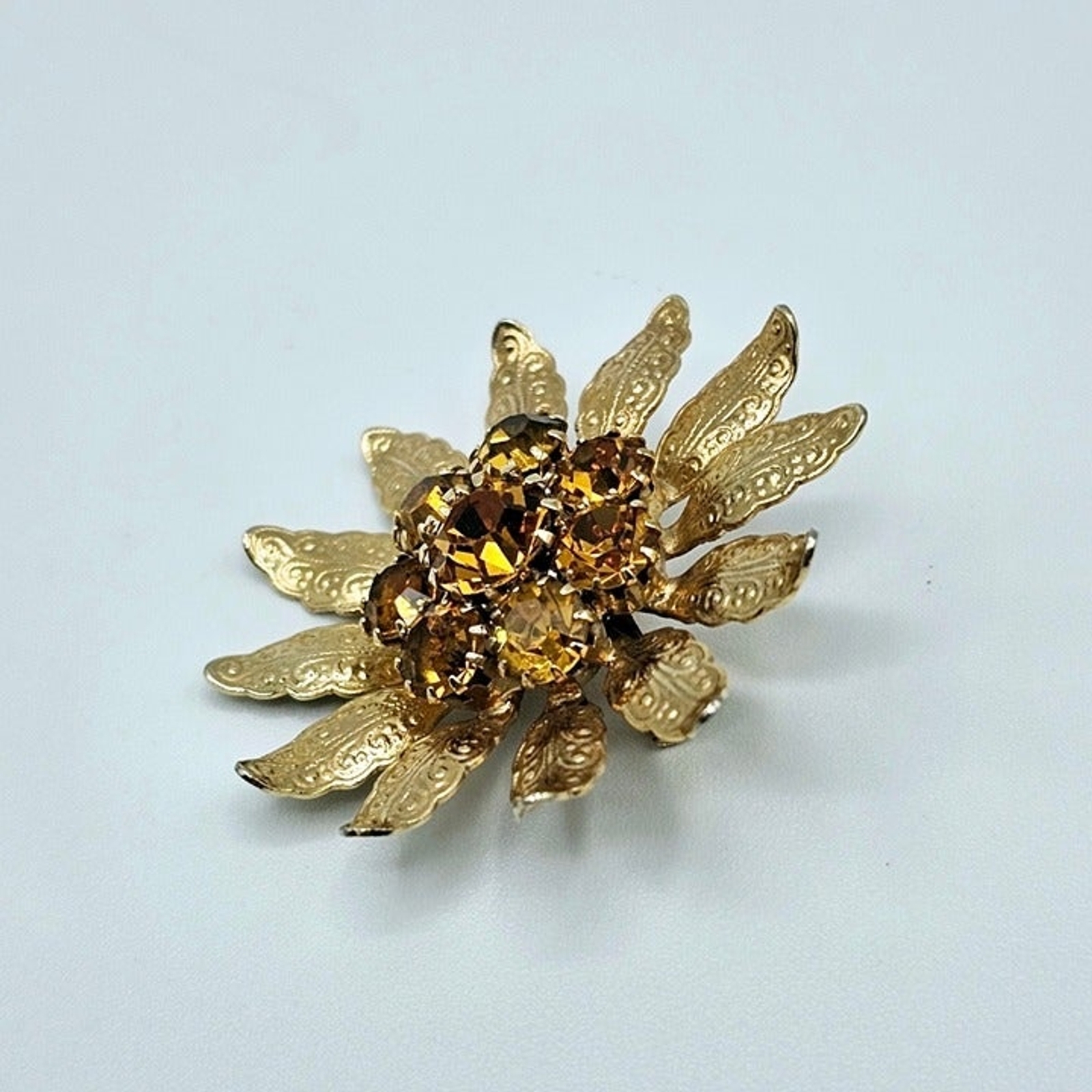 Flower Brooch Honey Rhinestone Filigree Leaves Floral Statement Vintage Pin