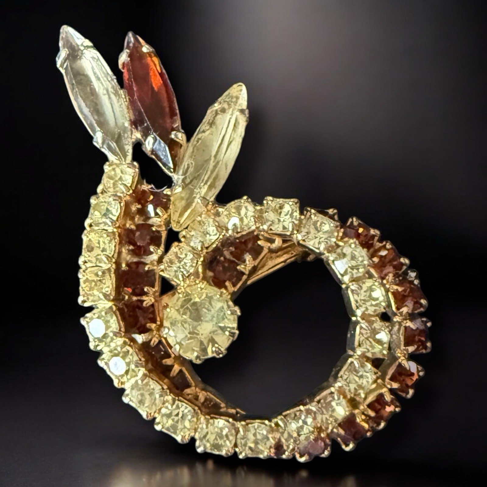 Rhinestone Spiral Brooch Amber Clear Navette Mid Century Modern Vintage Pin