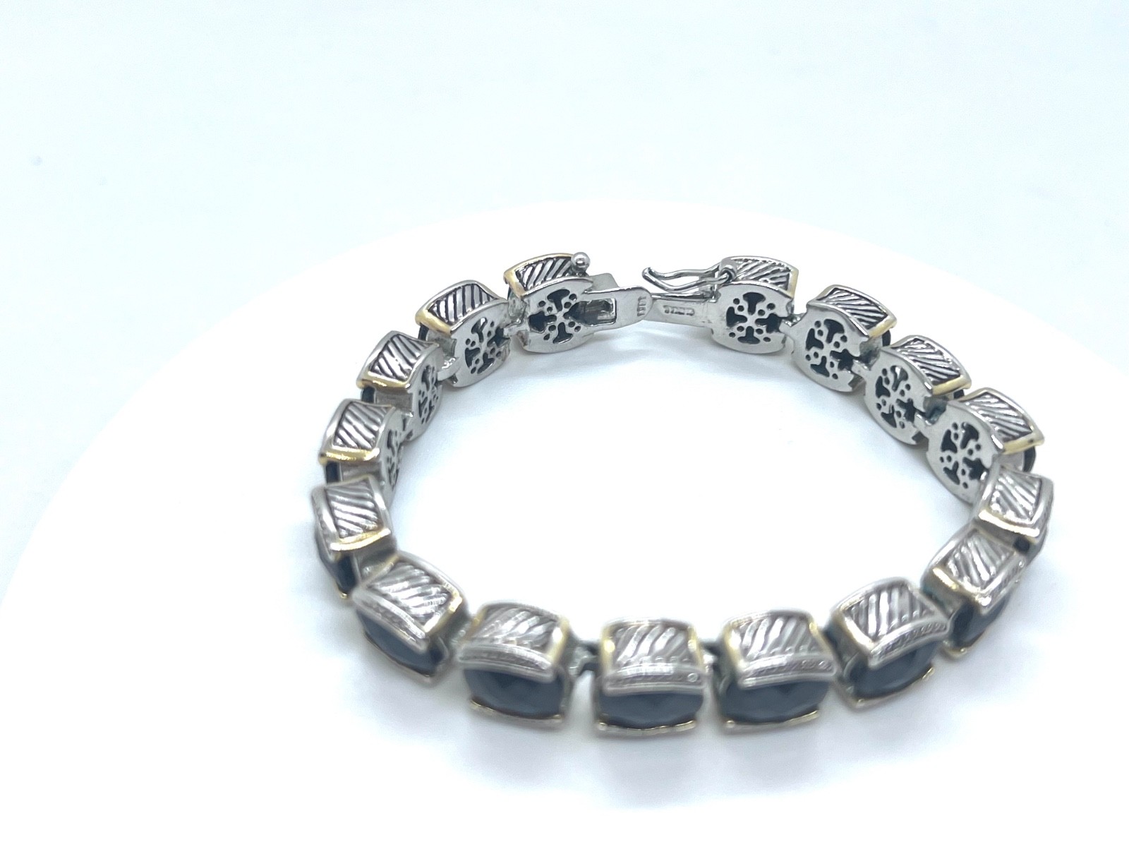 Vintage 90s Silver Tone Black Glass Square Link Bracelet Boho Fashion Jewelry