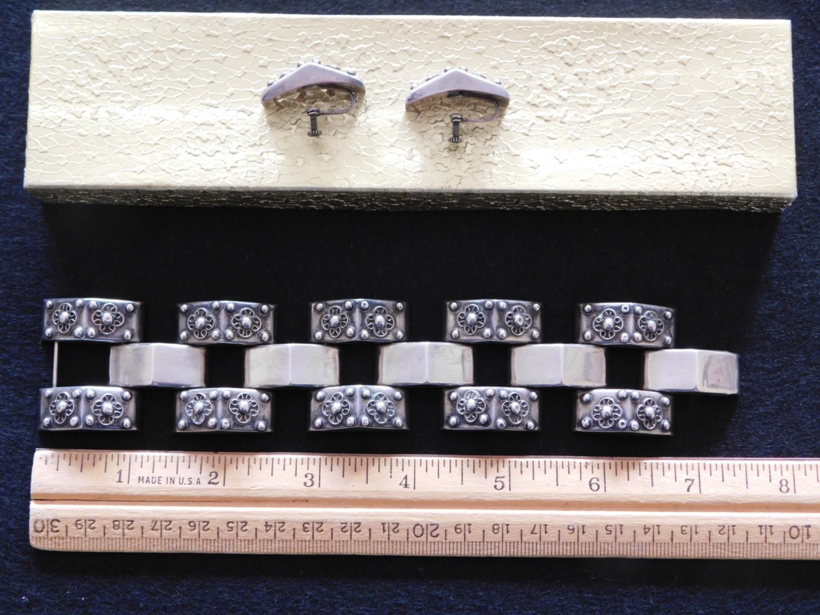 Vintage 1940’s Sterling Mexico Repousse Floral Bracelet Earring Set