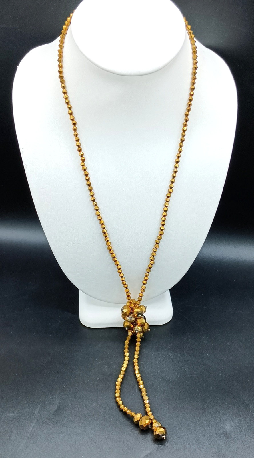 Vintage Lariat Tassel Necklace Beaded Gold Tone Faceted Bicone Sparkle Bow 29″