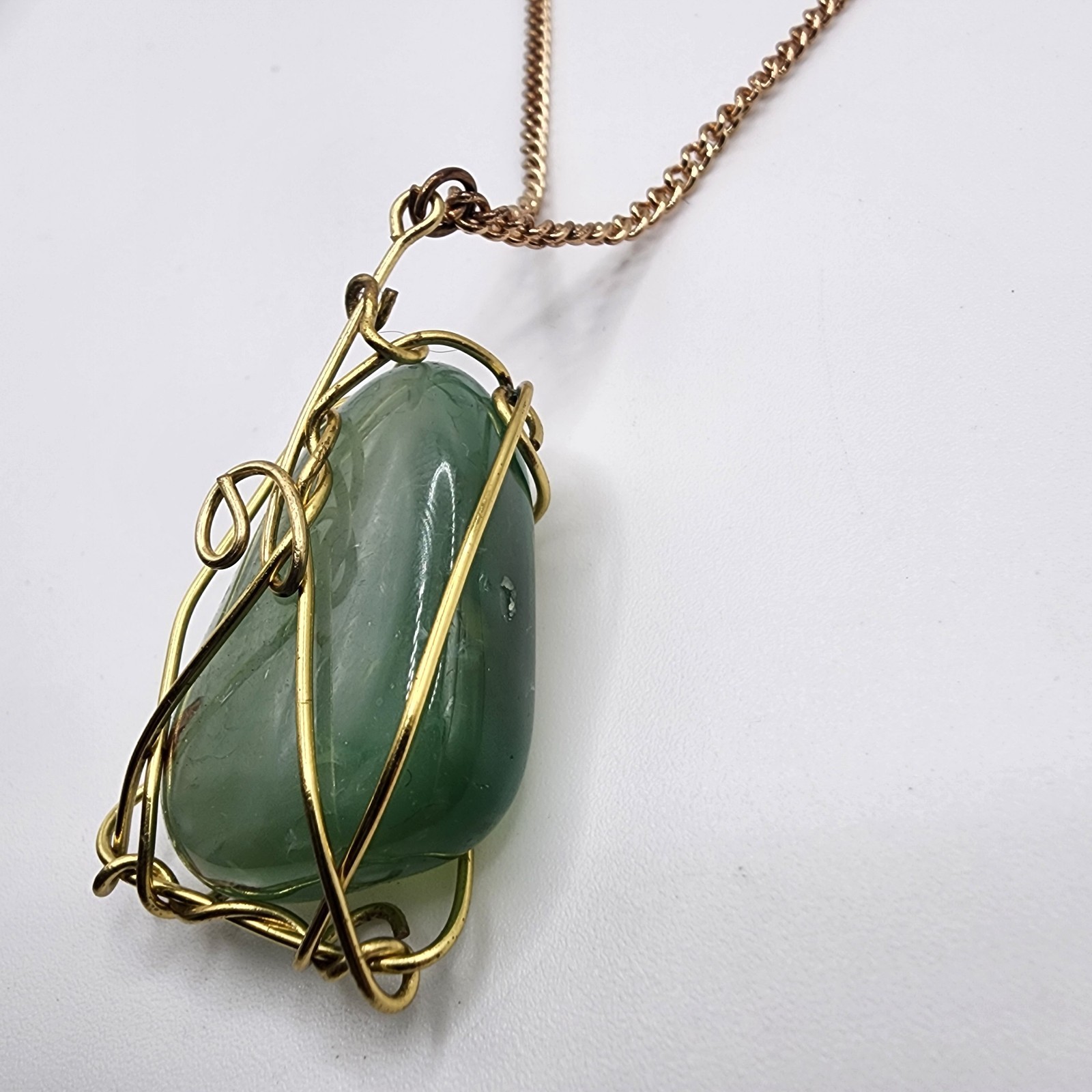 Vintage Artisan Gold Tone Wire Wrapped Jade Pendant Necklace Healing Green Stone