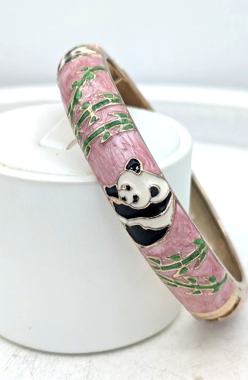 Vintage Cloisonne Panda Hinged Bracelet Pink Enamel Bamboo Gold Tone Bangle