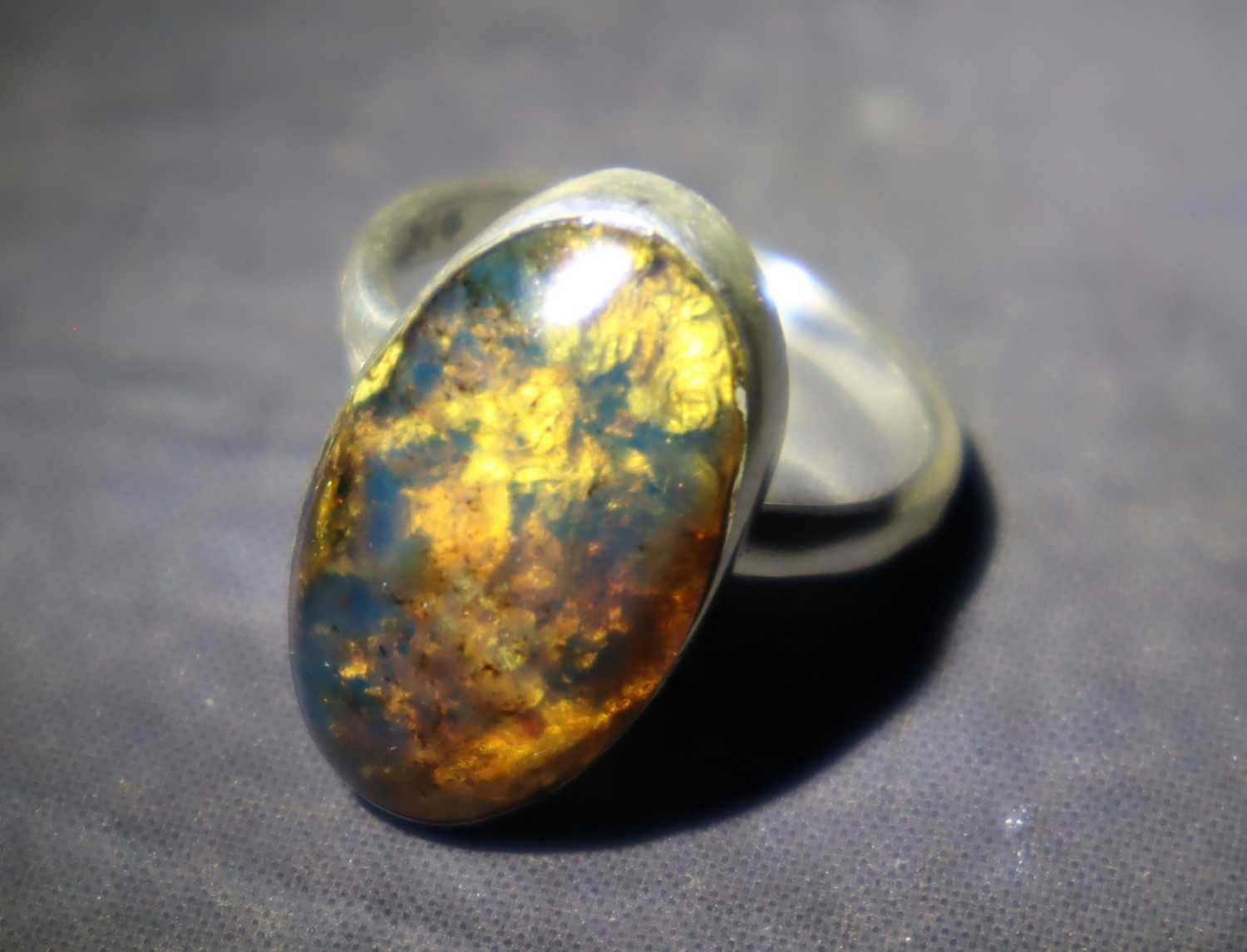 Natural Translucent Orange Blue Amber .925 Sterling Silver Ring #6 free resizing