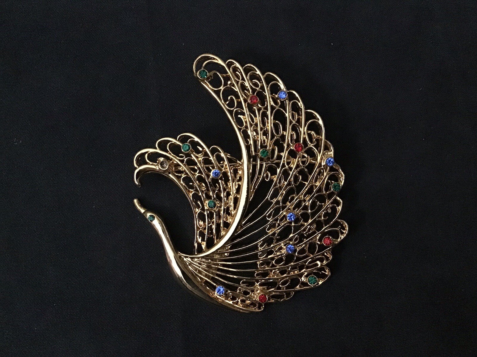 Vtg Peacock GoldT Brooch Multi Color Rhinestones Statement Trendy Style 3”