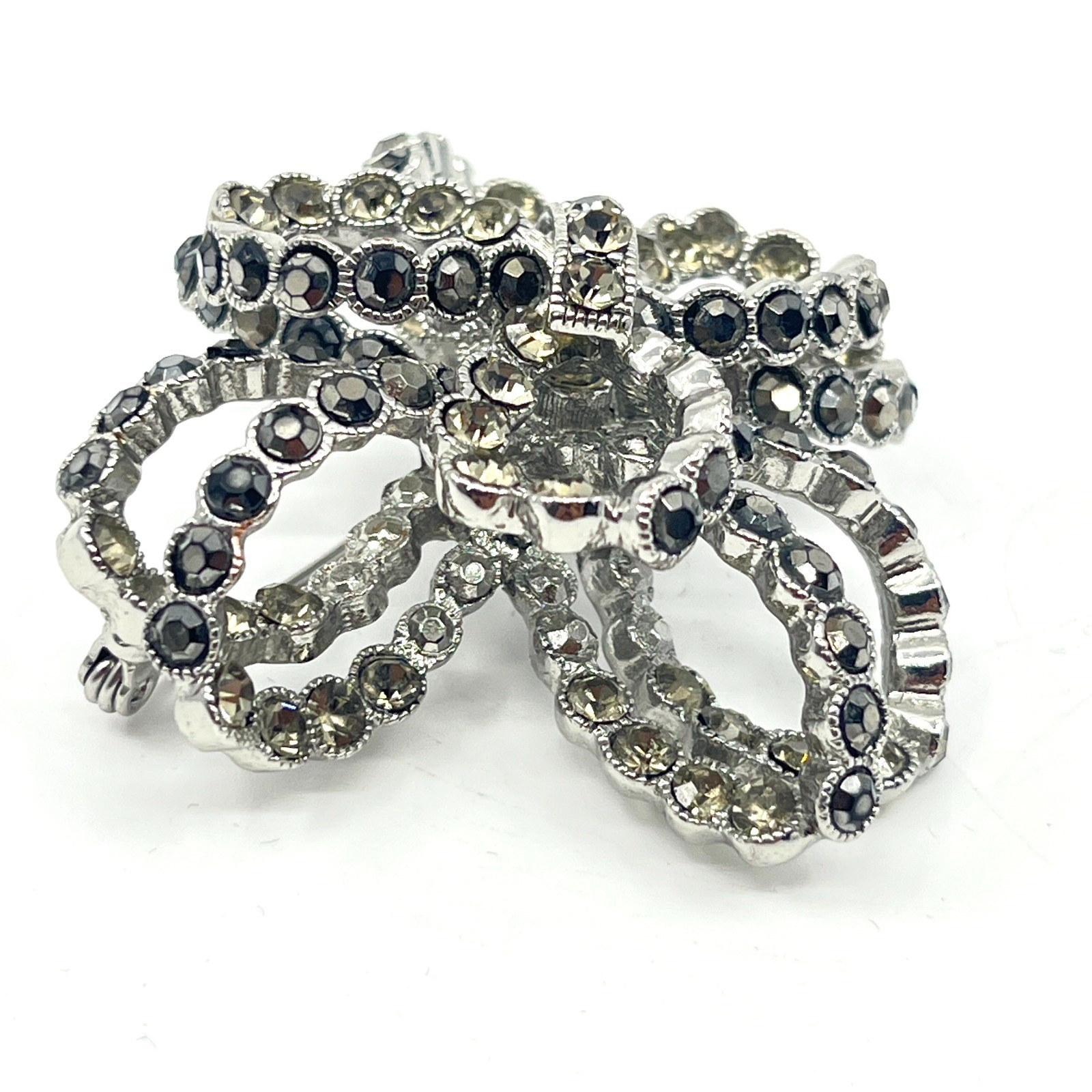 Brooch Vintage Silver Tone Layered Bow Smoky Rhinestone Statement Pin Accessory