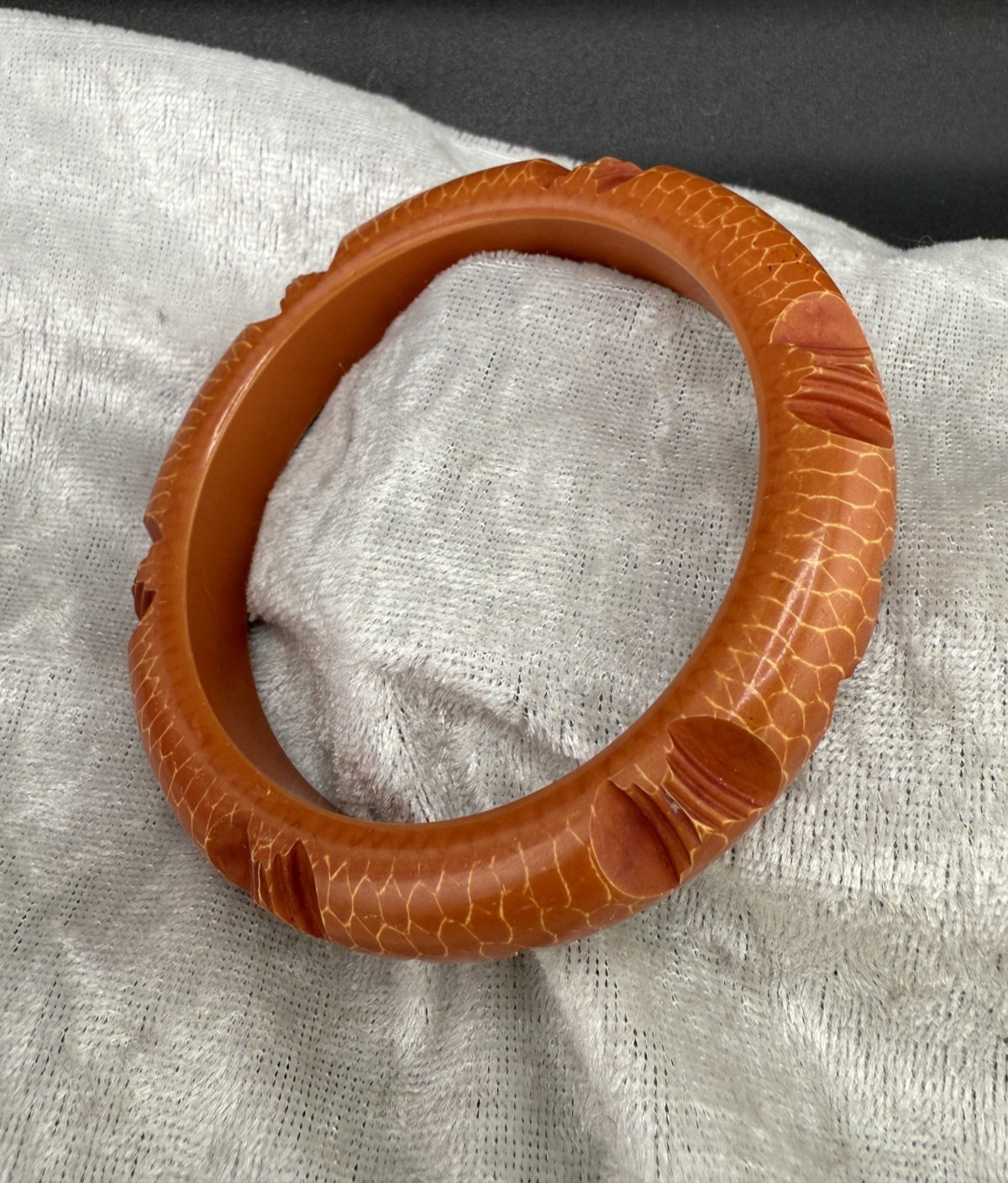 Vintage Bangle Bracelet Carved Orange Snakeskin Print 8″