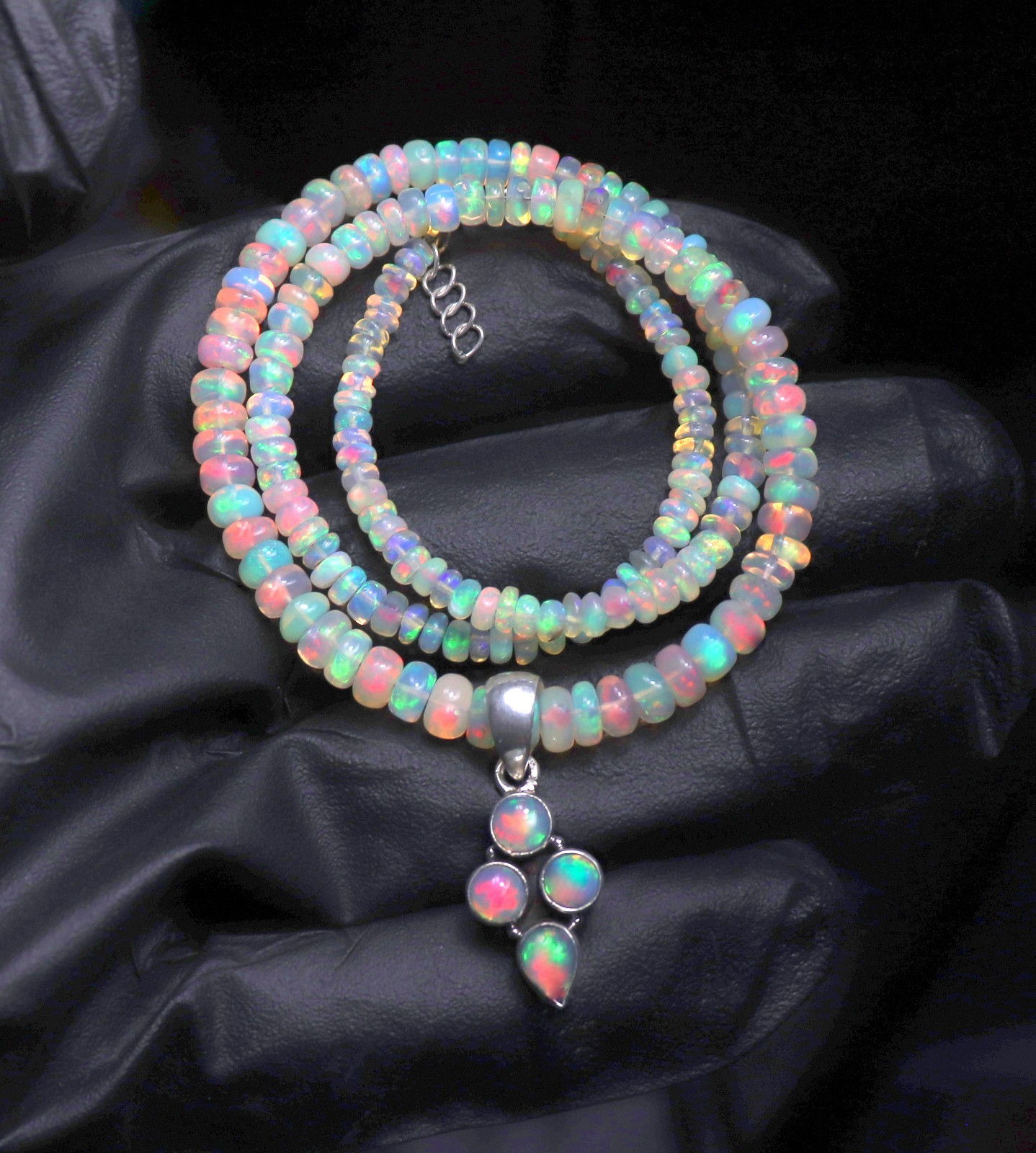 Natural Ethiopian fire opal beaded necklace with sterling silver opal pendant