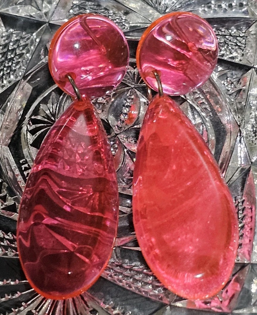 Electric Pink Acrylic Lucite Tier Drop Dangle Stud Earrings 2 1/2″ Long