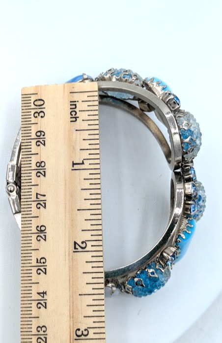 Vintage Rhinestone Clamper Bracelet Crackle Cabochon Blue Glass