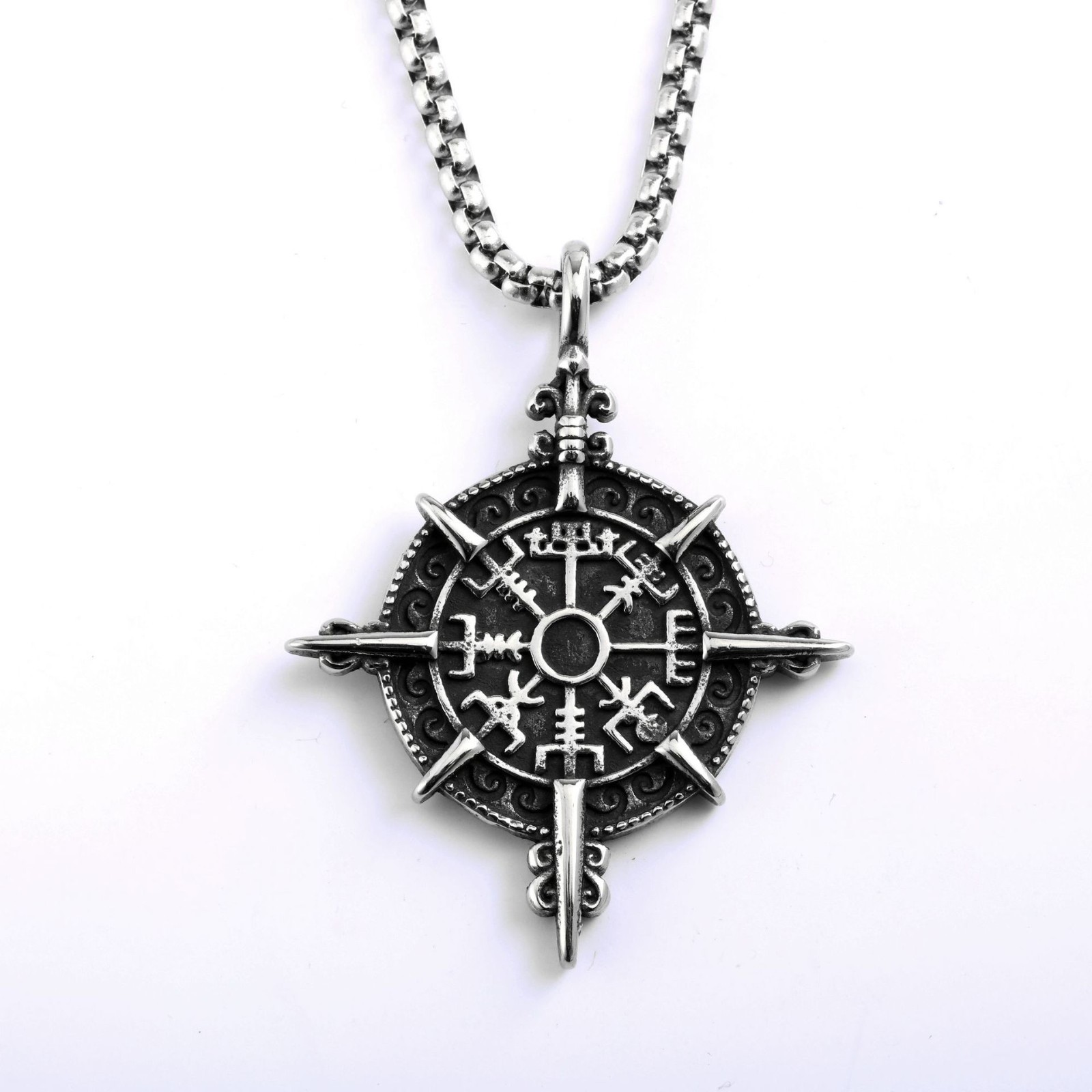Stainless Steel Men’s Pendant Viking Compass Rune Necklace