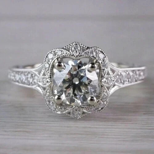 Lab Created Diamond Art Deco Round Cut 14K White Gold Finish Halo Wedding Ring