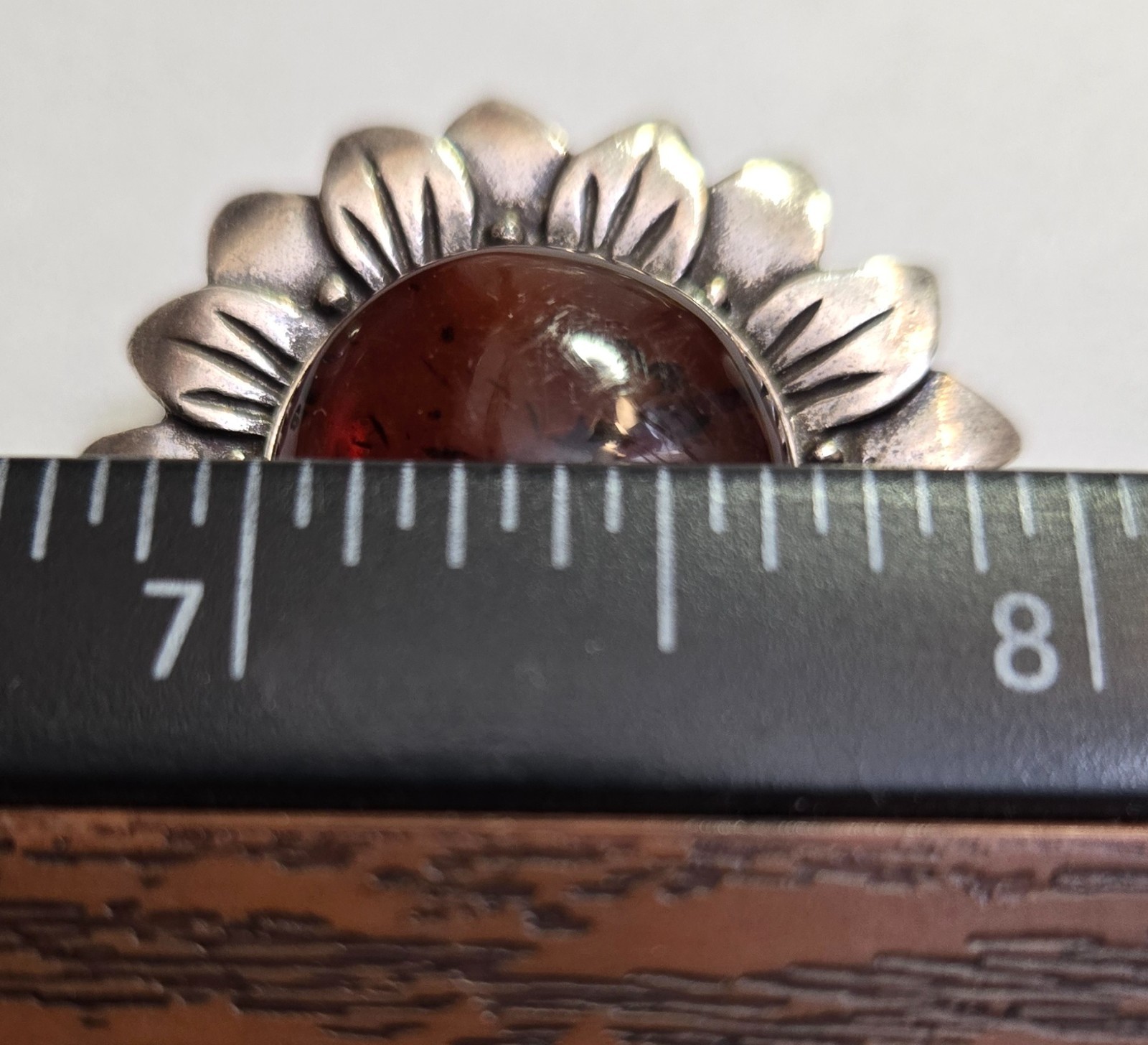 Vintage Brown Natural Amber Pin Brooch, Sunflower-Shape, Sterling Silver, Latvia