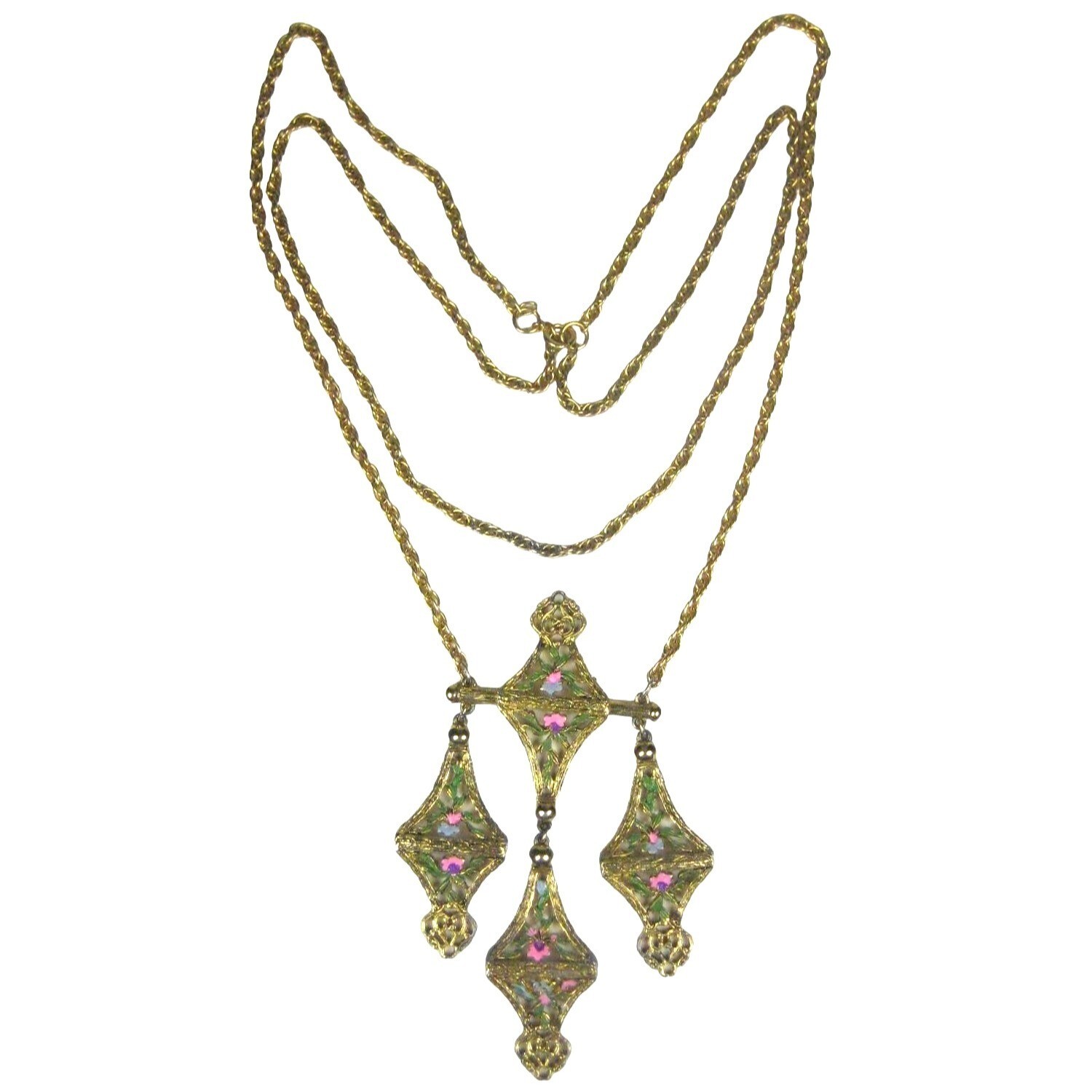 Enamel Floral Dangle Pendant Necklace 21 in Goldtone Multi Strand Chain Vintage