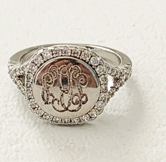 Signet Ring Sterling Silver 925 Monogram Pave Size 6