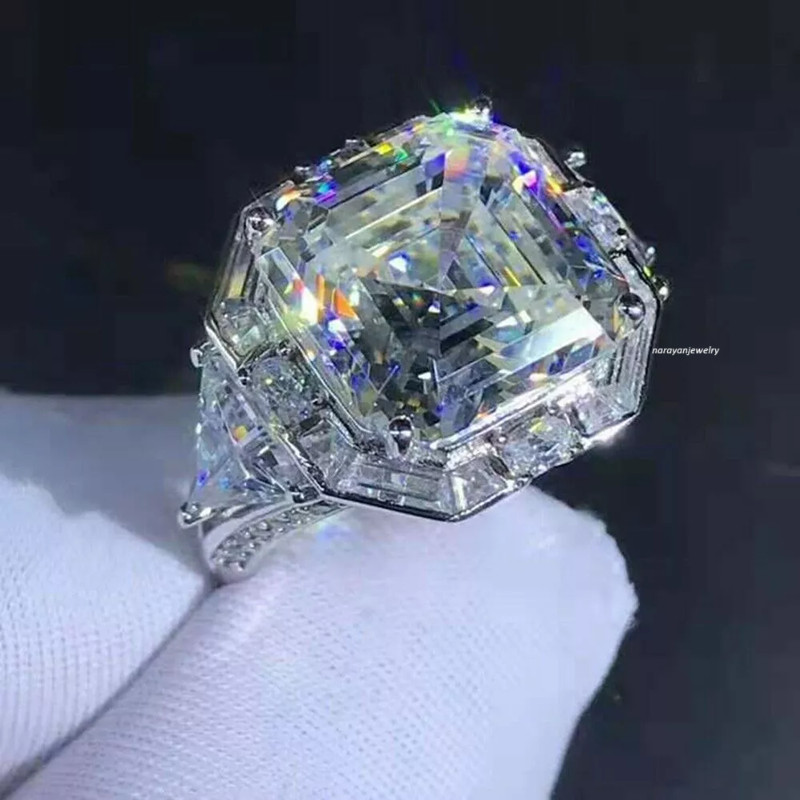 3Ct Asscher Cut Real Moissanite Halo Women Engagement Ring 14K White Gold Plated