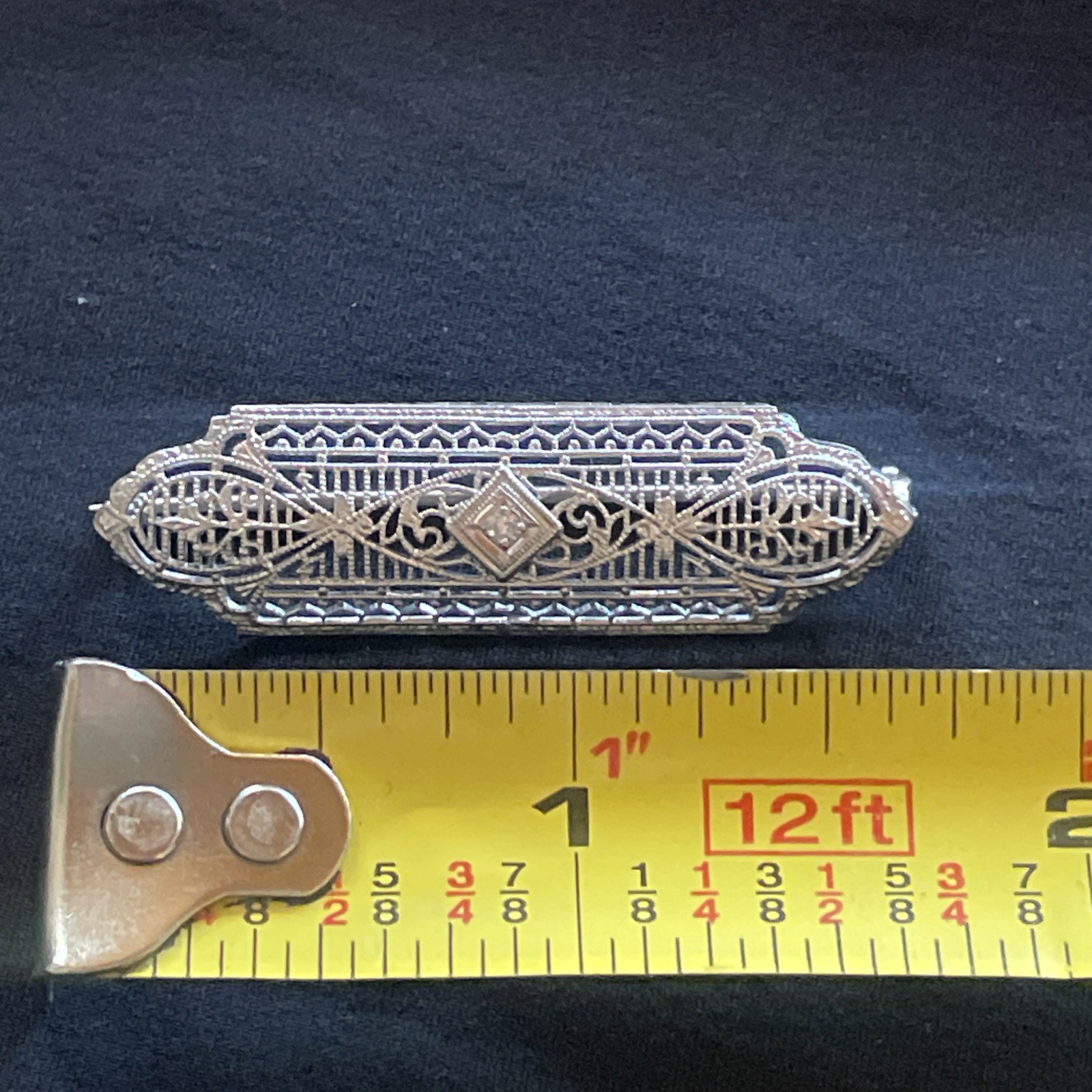 Antique Edwardian Art Deco 10k White Gold Filigree Mine Diamond Bar Brooch Pin
