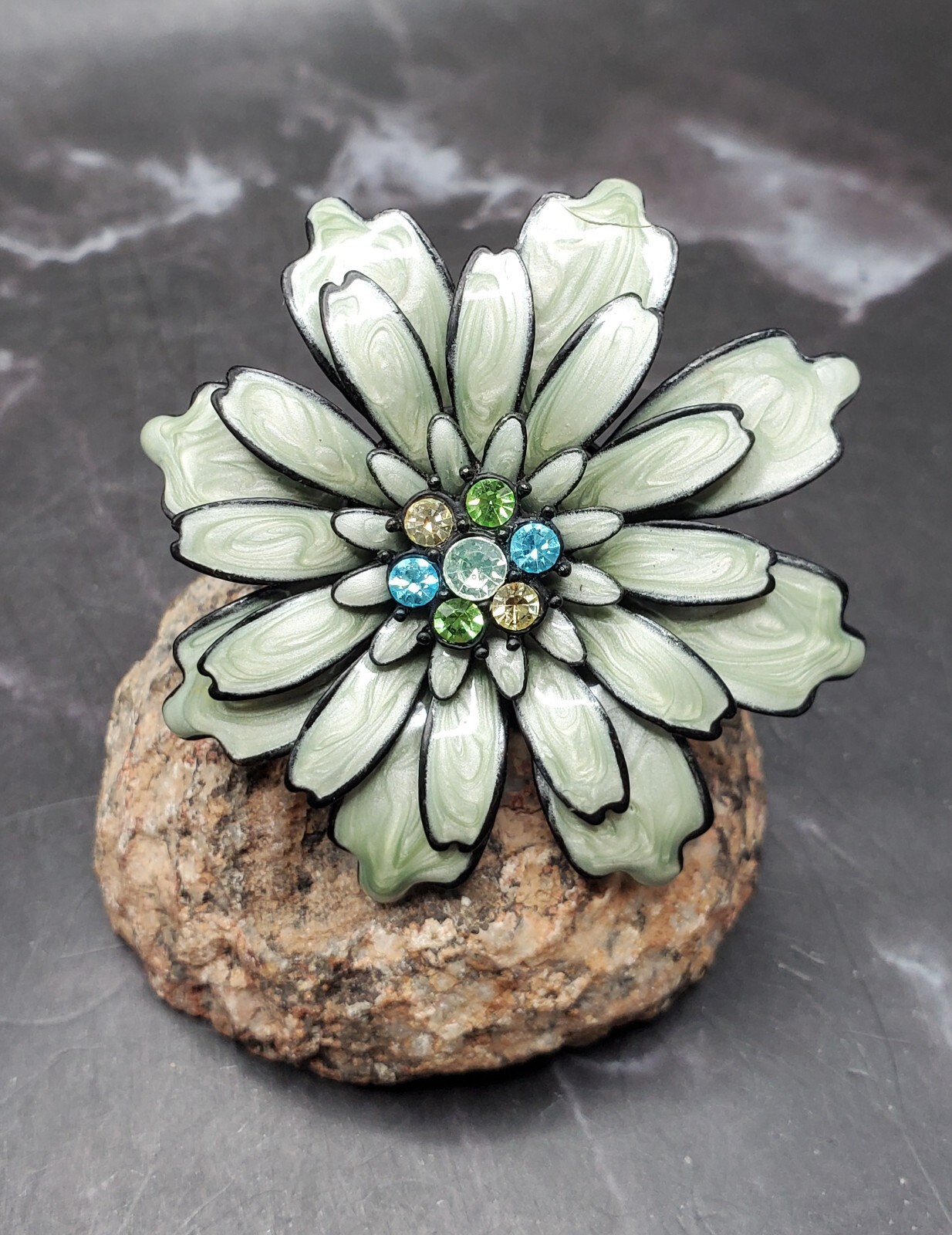 Vtg 1960s Enameled 4 Layers Metal Flower Pendant Brooch Multi Color Rhinestones