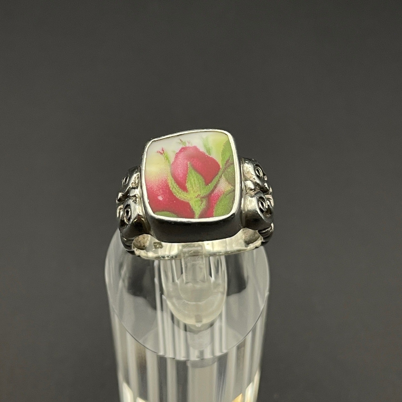 Sterling Silver Rosebud Flower Ring Ceramic Jewelry Cottage Vintage Fuchsia
