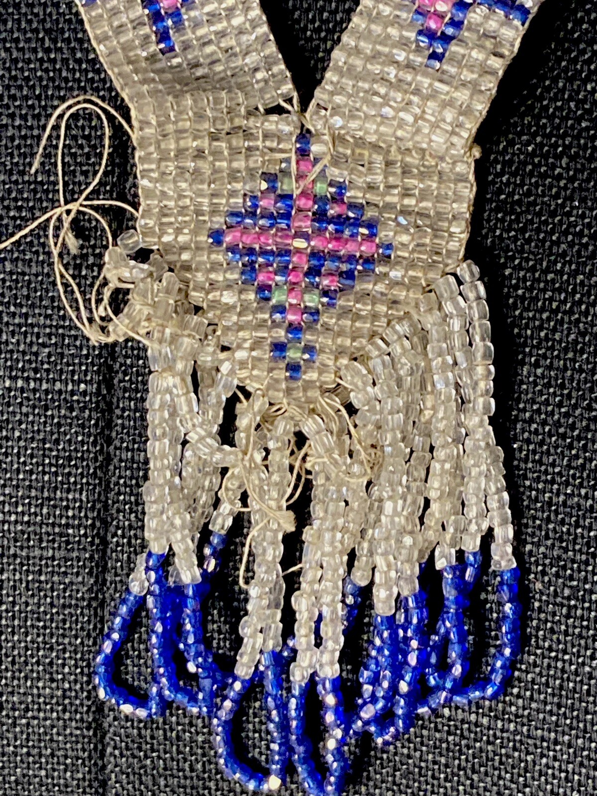 1920s Flapper Deco Sautoir Necklace, Very Good Antique Condition, Ecru/Blue/Pink