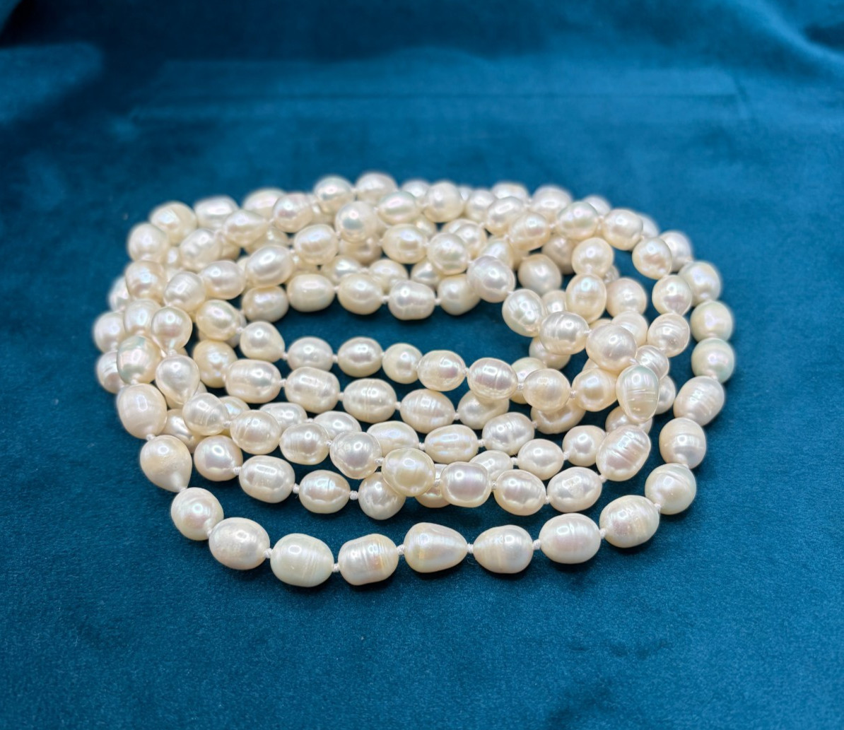 Fresh Water Baroque Pearl Necklace Extra Long Single Strand Hand Knotted 62″