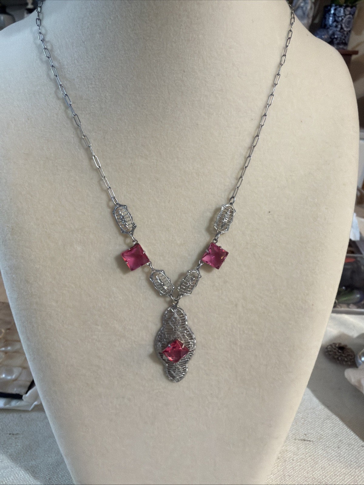 Antique ART DECO Silver Tone PINK CZECH Glass Filigree Necklace 18 inchs