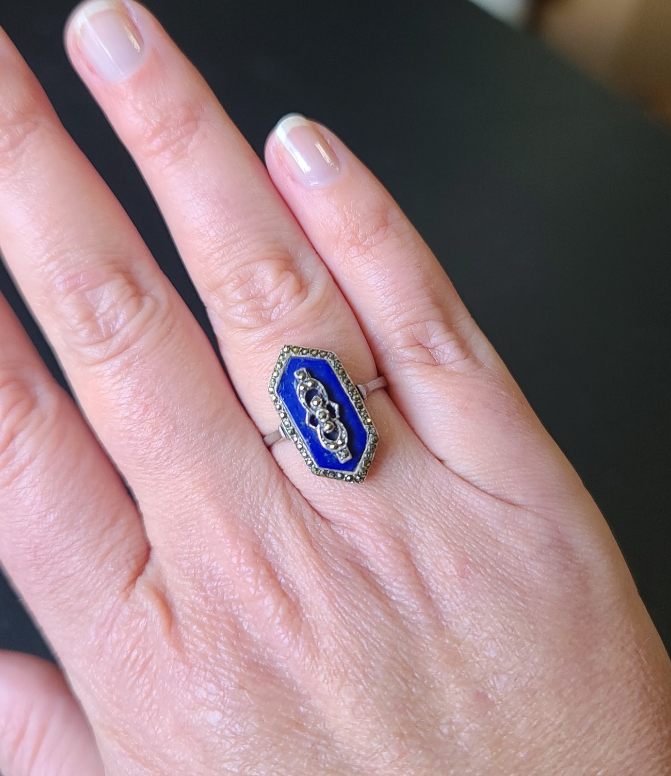Fancy Antique VTG Art Deco Sterling Silver Lapis Lazuli Marcasite Ring Size 8