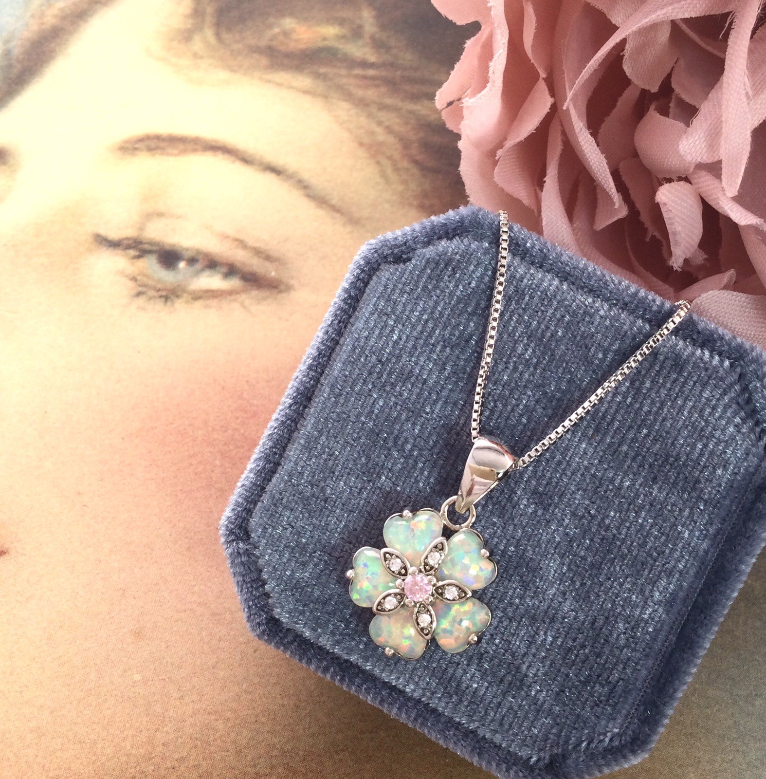 Vintage Jewellery Gold Necklace Blue Opal Sapphires Pendant Antique Deco Jewelry