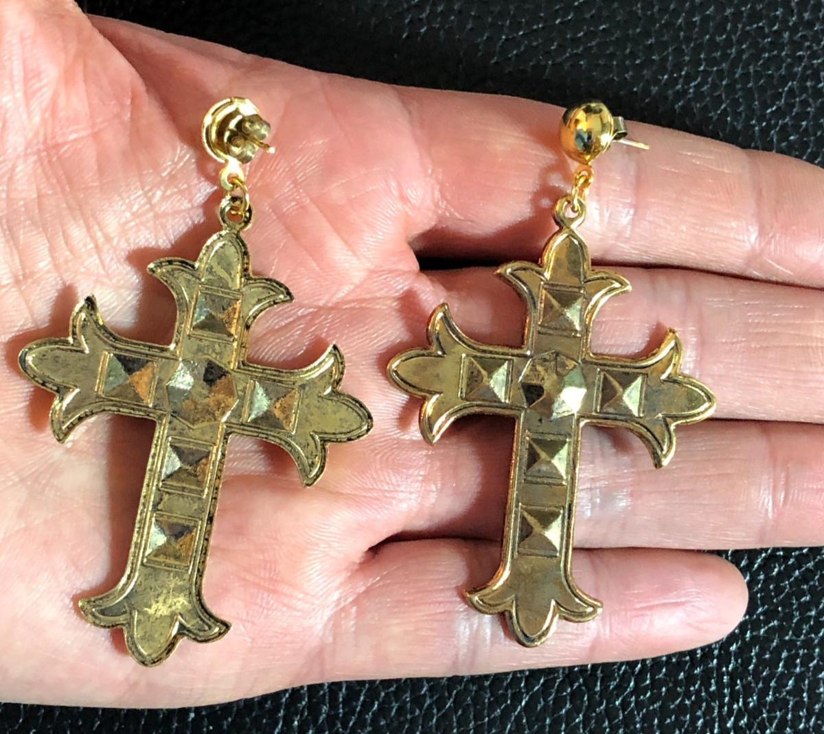 Vintage Gold Cross Earrings Gothic Studded 1980s Rockstar 2.5″ USA NWT 8052