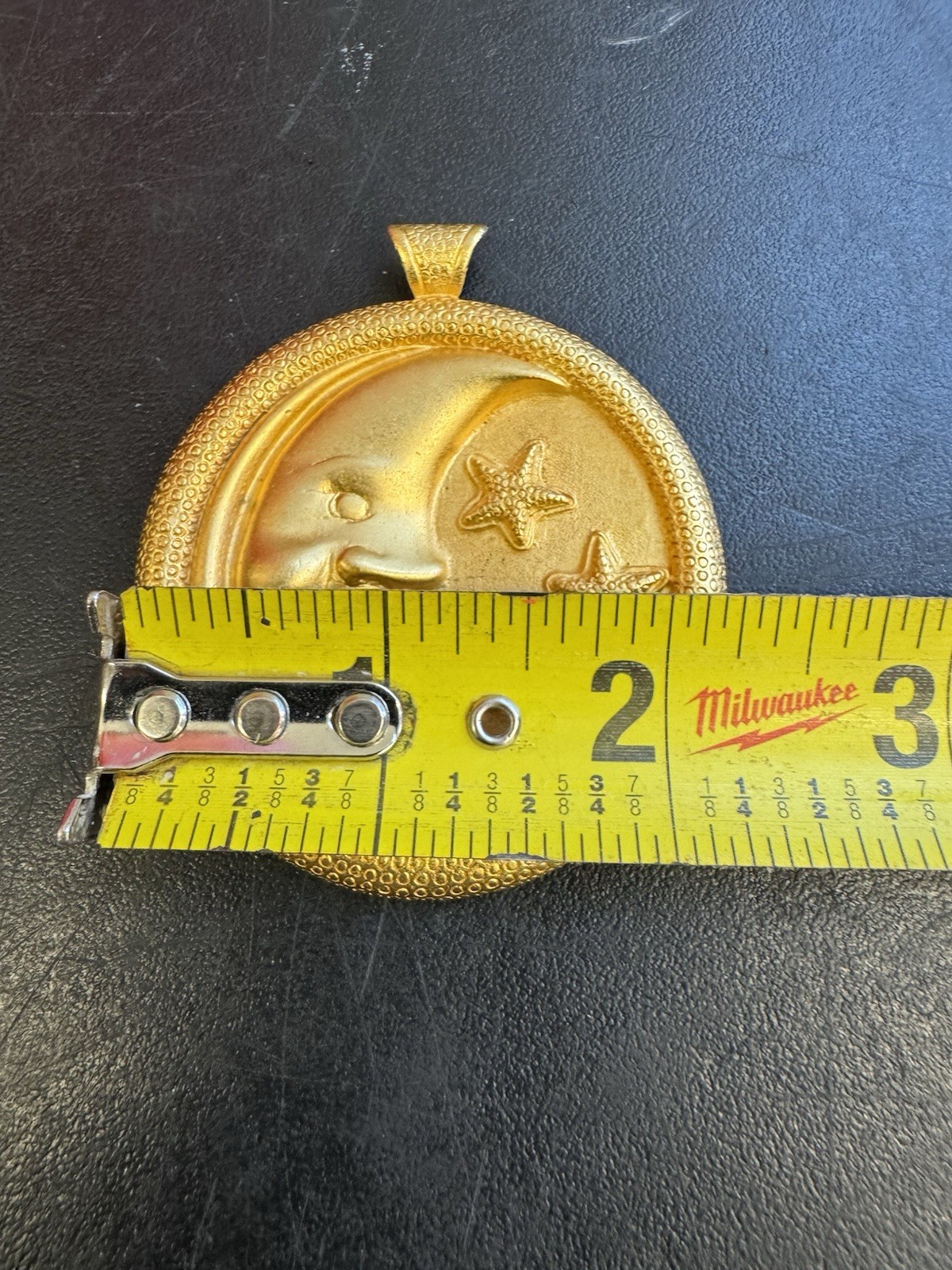 Vintage Gold Tone Satin Finish Crescent Moon Stars Large Medallion Pendant