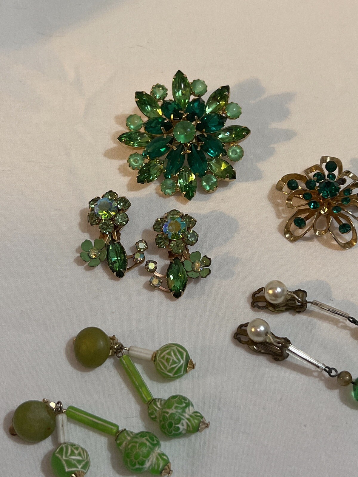 Vintage Green Costume Jewelry Lot Earrings, Pins, 12K GF Japan Hong Kong