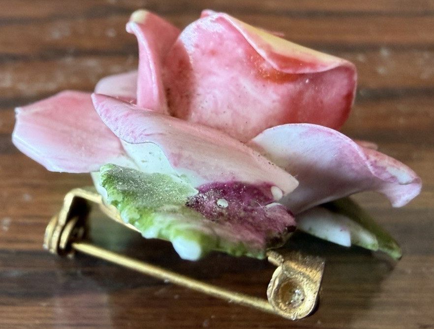 Vintage Porcelain Pink Rose Brooch Pin Made in England in Very Good Condition