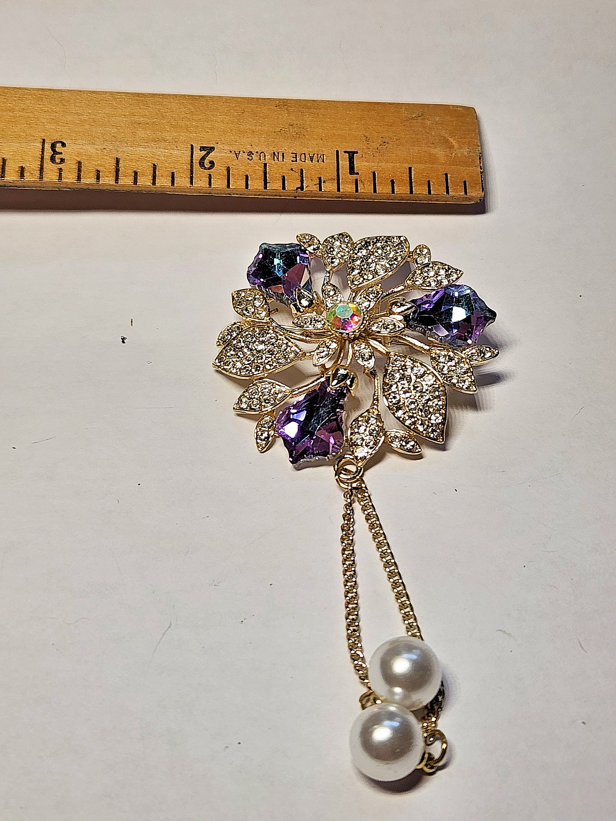Vintage Style AB Crystal Floral Brooch Gold Tone C-Clasp Tassel Faux Pearl drop