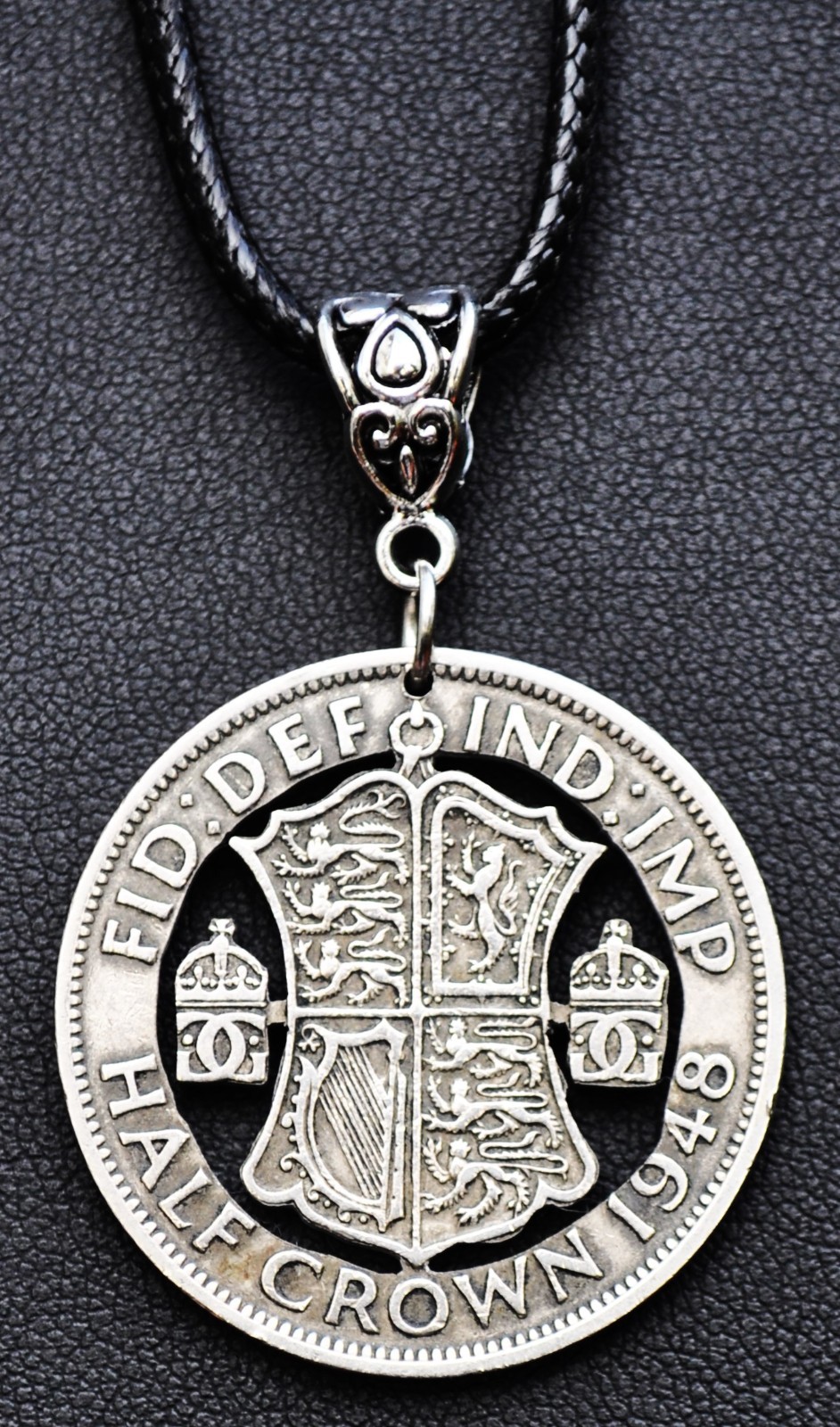 United Kingdom Large Half Crown Cut Coin Pendant Necklace