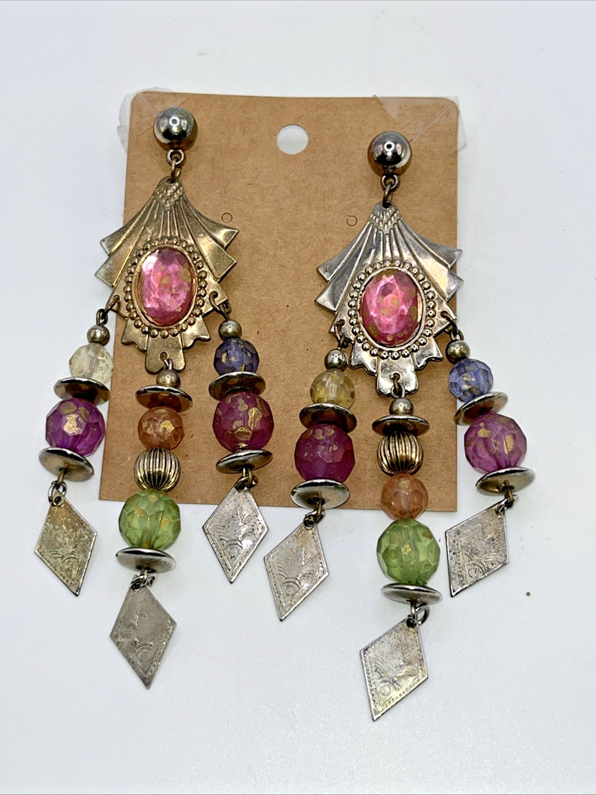 Vtg 1980s Pierced Earrings Multi-Color Chandelier Boho Statement Southwestern