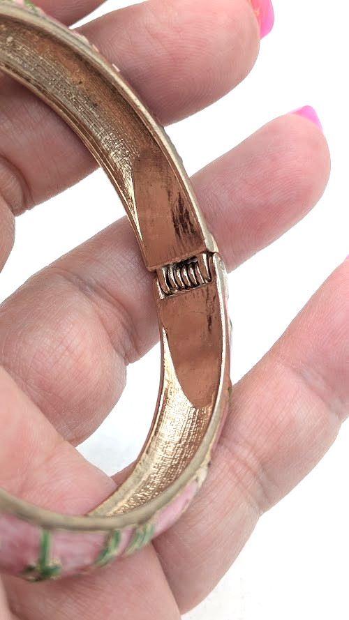 Vintage Cloisonne Panda Hinged Bracelet Pink Enamel Bamboo Gold Tone Bangle