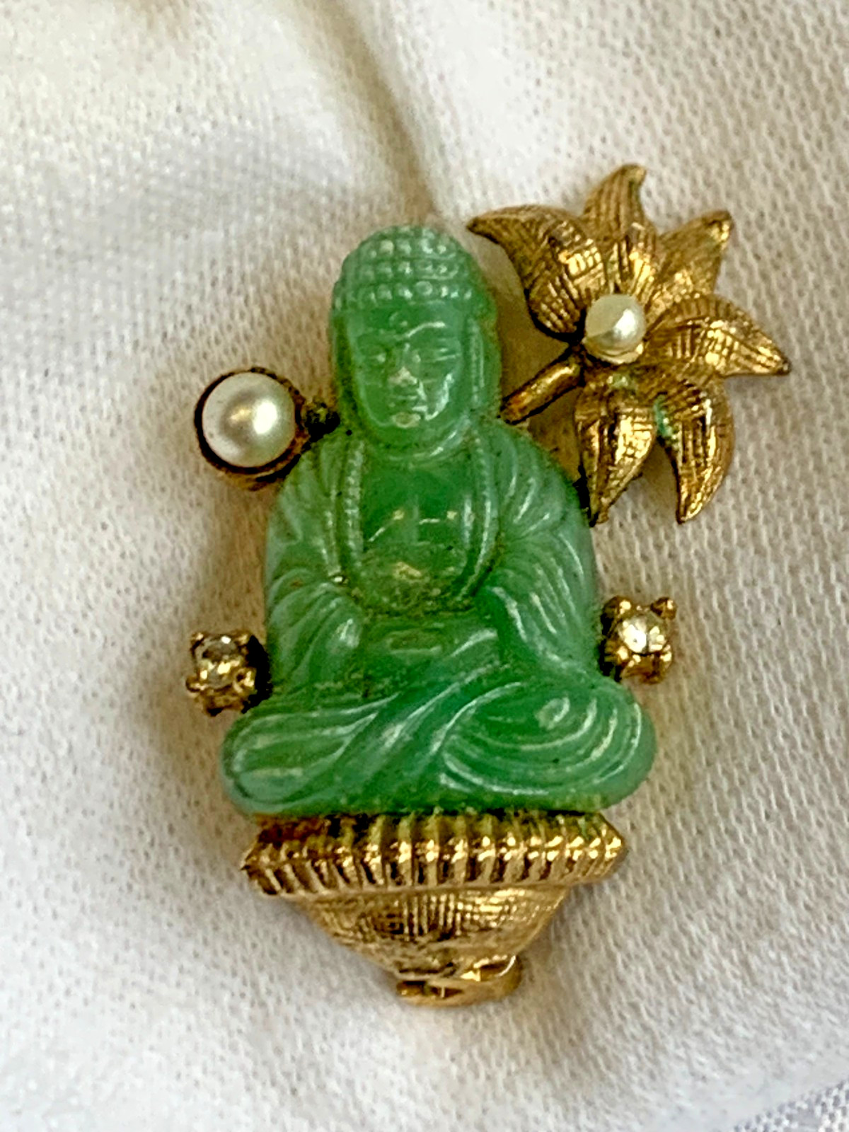 Vtg Jade Buddha Brooch Fashion Jewelry Pearl & Clear Stones Pin *READ*