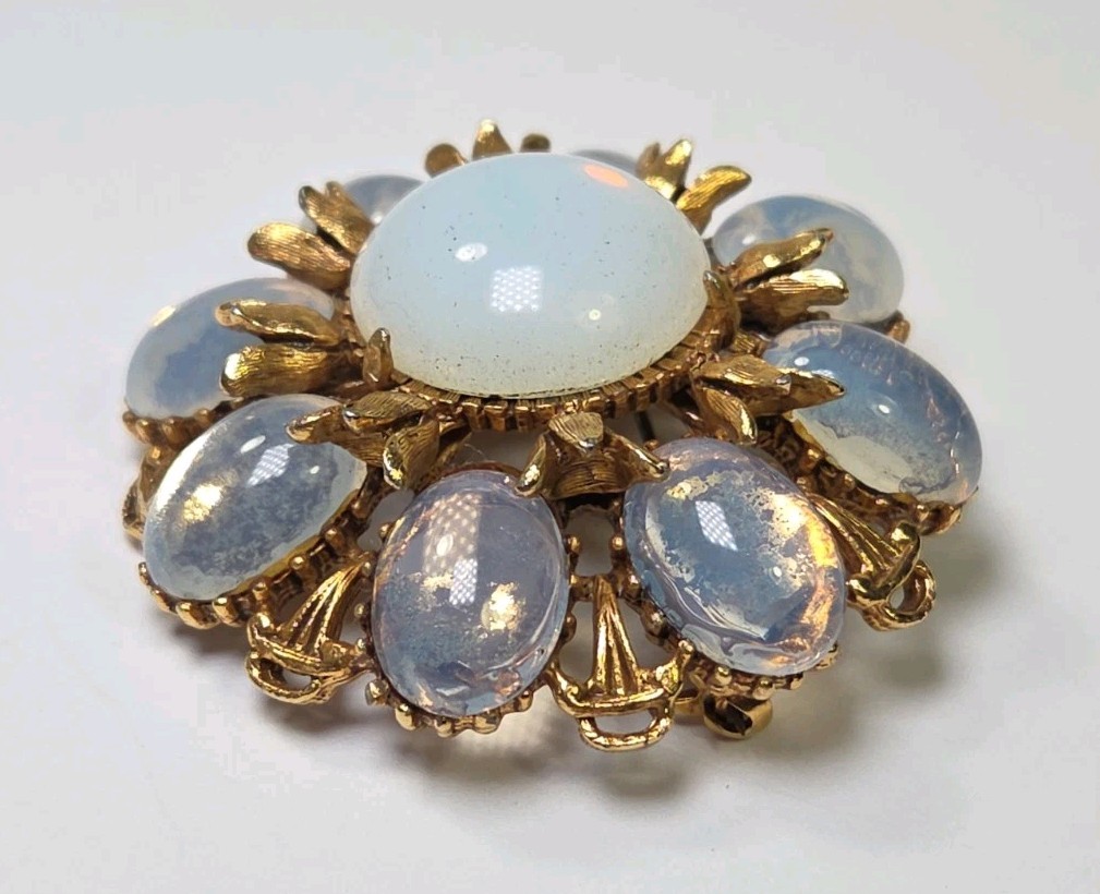 Vintage Signed Florenza Opaline Glass Ornate Gold Tone Pin Brooch