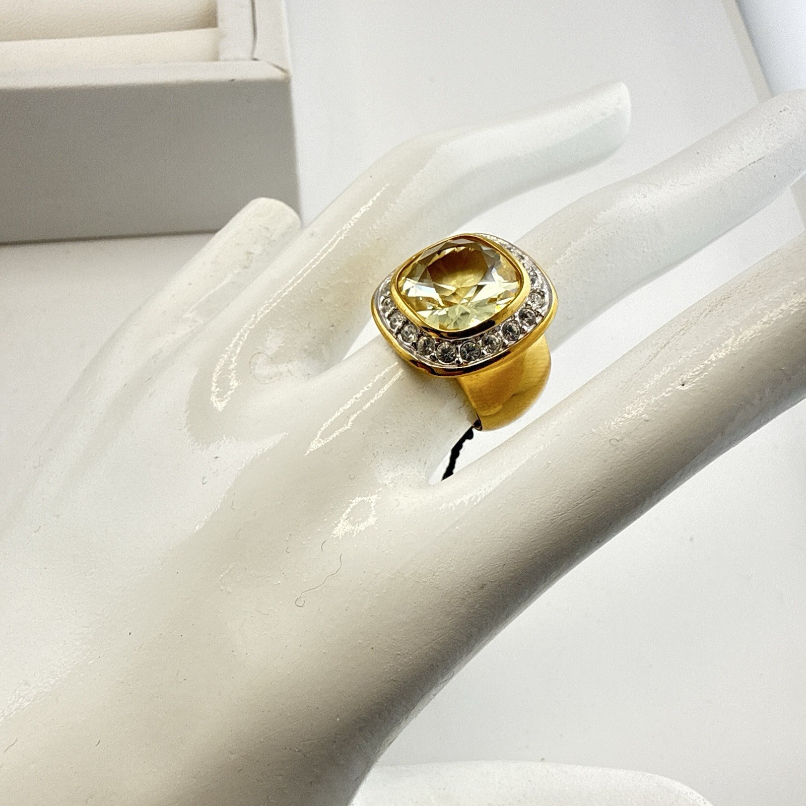 Swarovski Ring Swan Signed Sterling Silver Cocktail Yellow 5 Halo Gold Plated