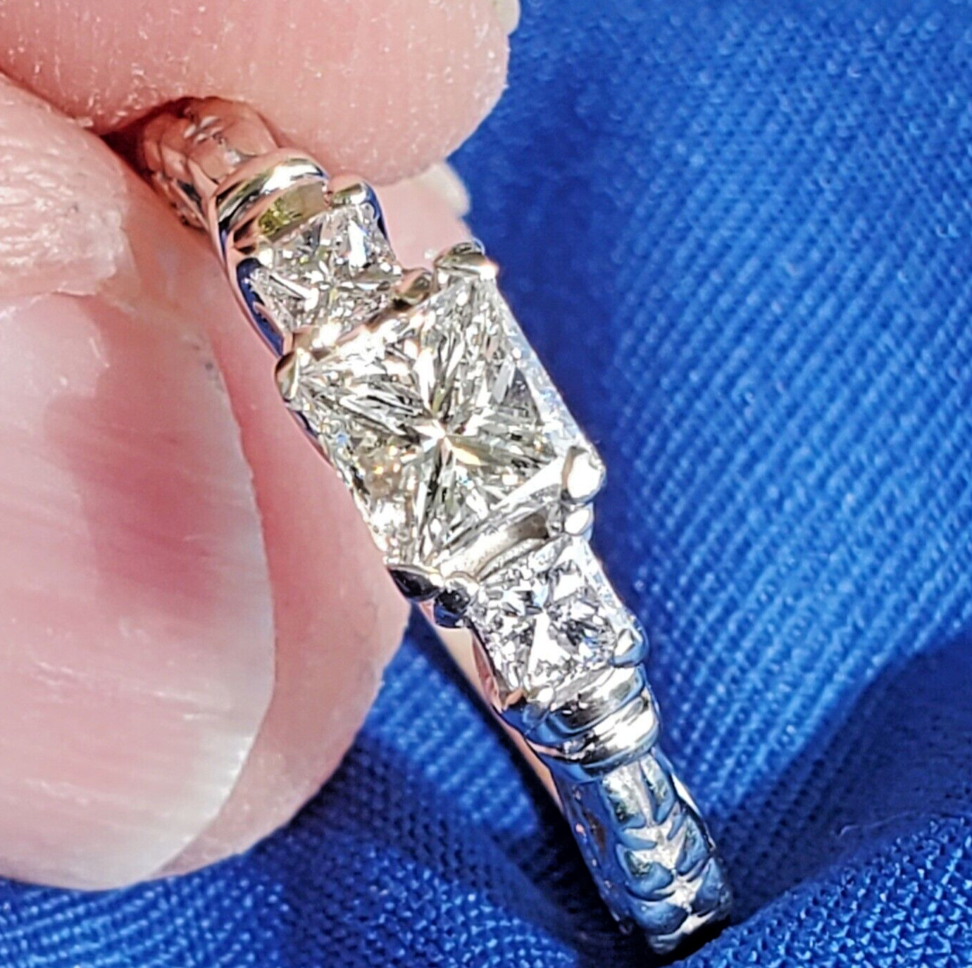 Original EARTH MINED DIAMOND Princess Engagement Ring 3 Stone Solitaire 14K GOLD