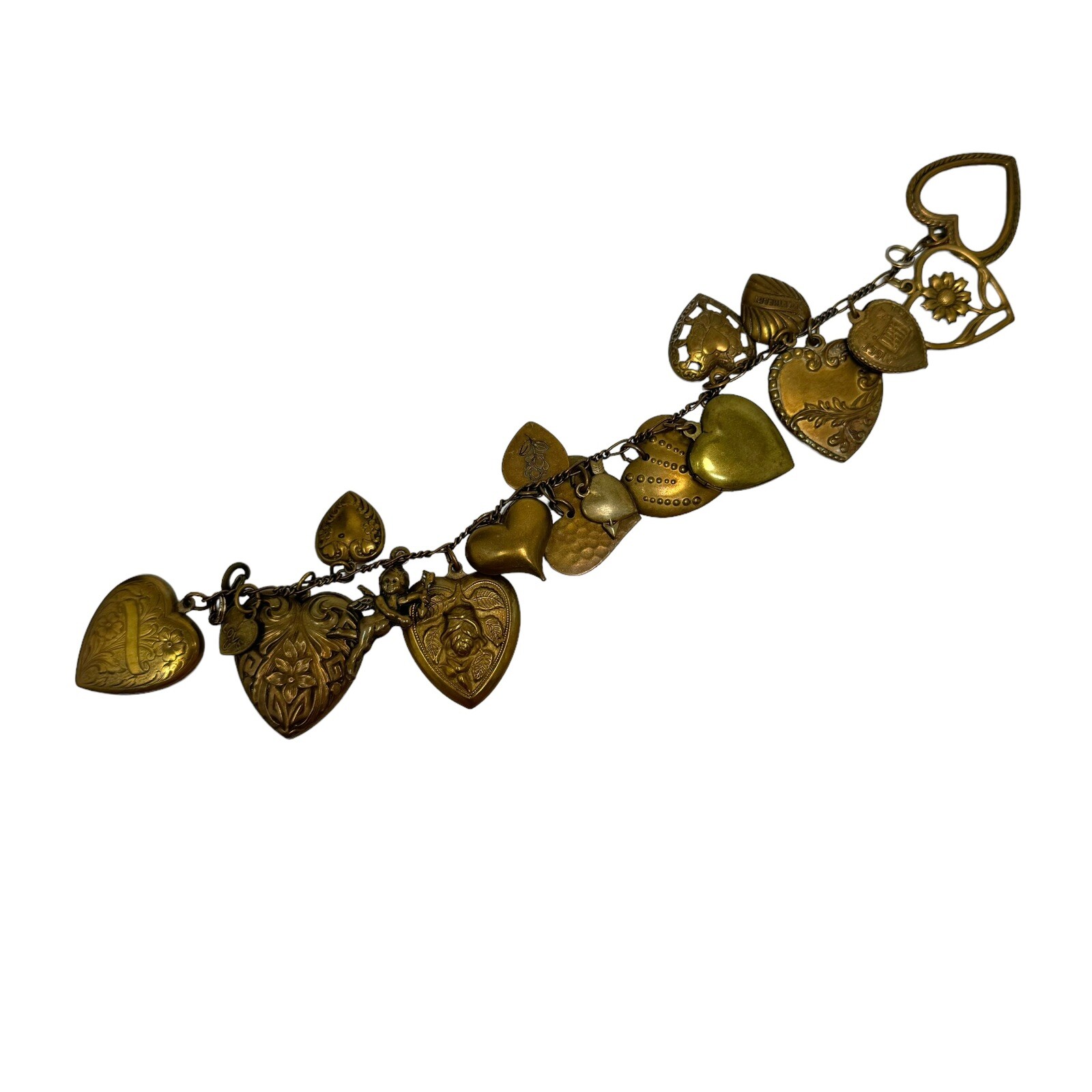 Victorian Style Bronze Color Embossed Fancy Hearts Cherub Charm Bracelet