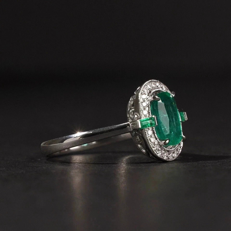 3Ct Art Deco Style Emerald Lab Created Diamond Engagement 14K White Gold FN Ring