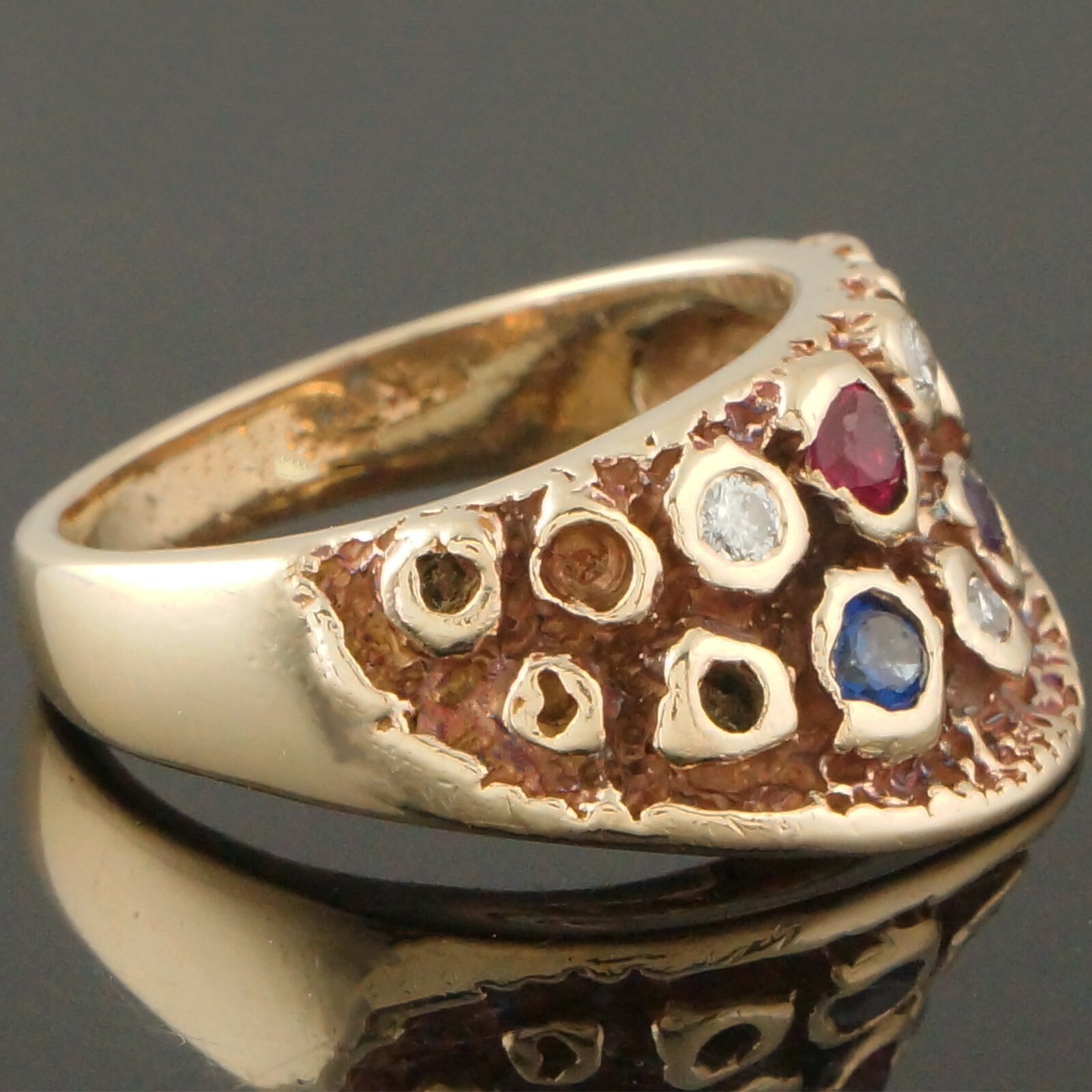 Custom Solid 14K Yellow Gold Ruby, Sapphire, Amethyst, Diamond Half Moon Ring